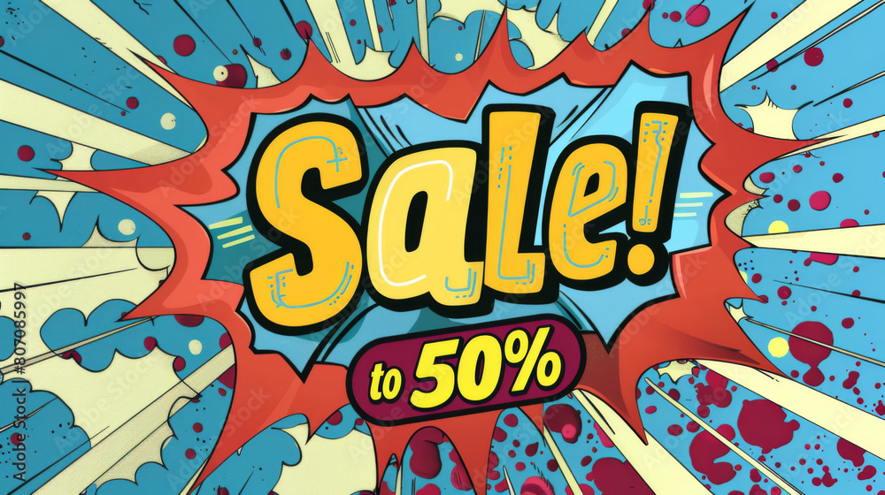A sale advertisement with a splashy and energetic 50% discount offer in a comic book art style. A sale advertisement with a splashy and energetic 50% discount offer in a comic book art style.