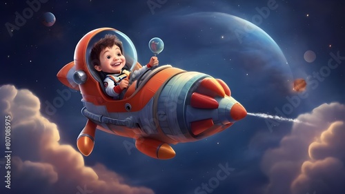 Happy Boy in the sky, piloting a space rocket
