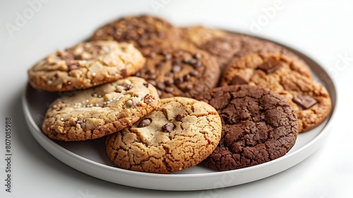 selection of freshly baked cookies on white plate, including brown, chocolate, and regular cookies, with a white shadow in the background