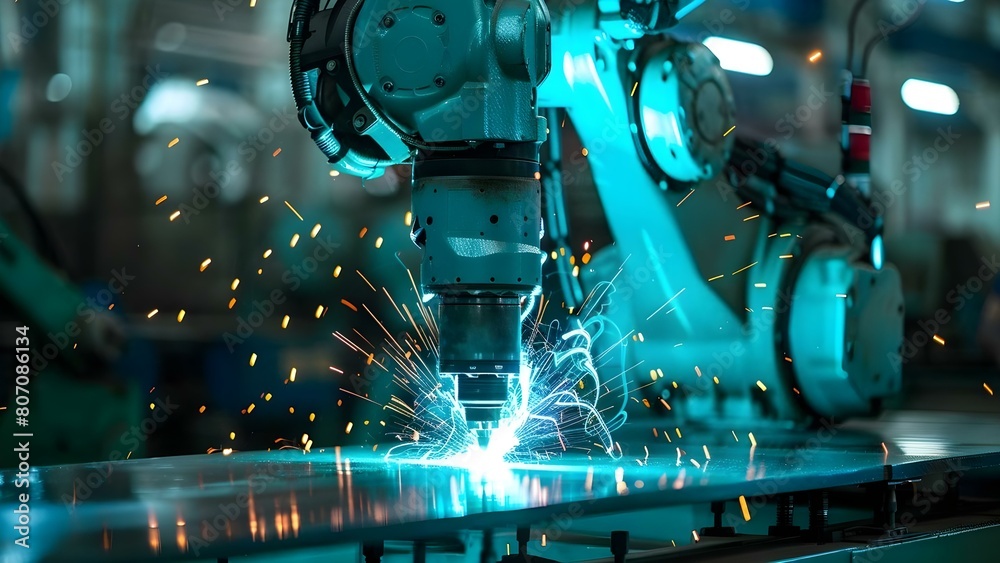 The Efficiency of Industrial Automation: Robotic Arms Streamline Welding. Concept Industrial Automation, Robotic Arms, Welding Efficiency, Streamlined Processes, Technology Advancements