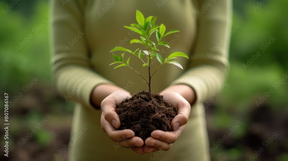 portrait of a human hand holding a young plant to be planted in the garden with a background of morning sunlight portrait of a human hand holding a young plant to be planted in the garden with a background of morning sunlight