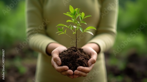 portrait of a human hand holding a young plant to be planted in the garden with a background of morning sunlight