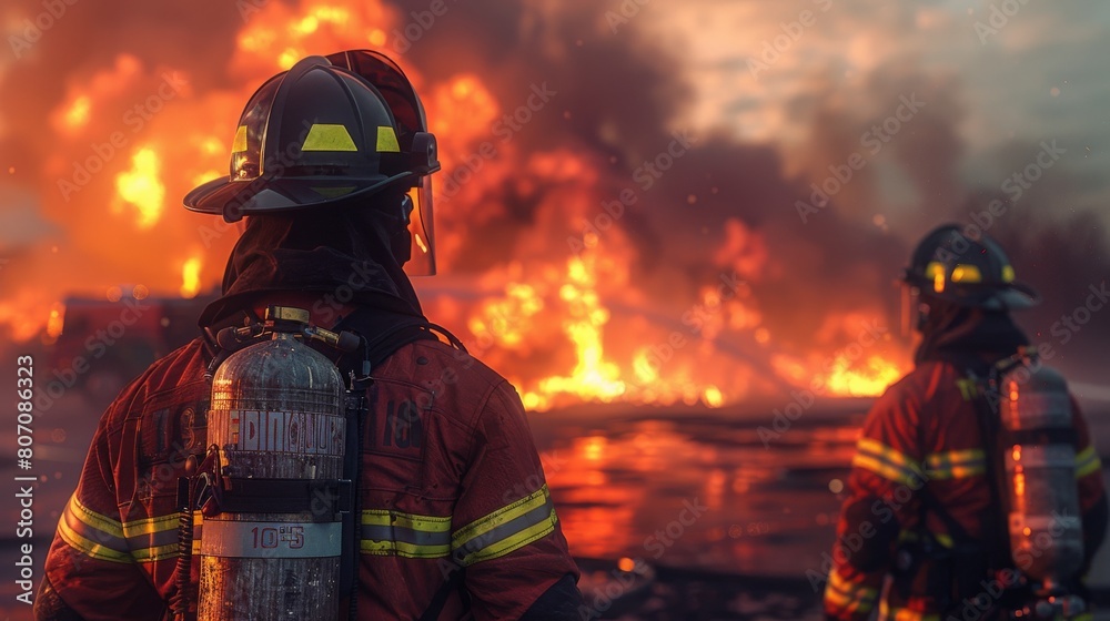 Two firefighters are standing in front of a burning building Two firefighters are standing in front of a burning building