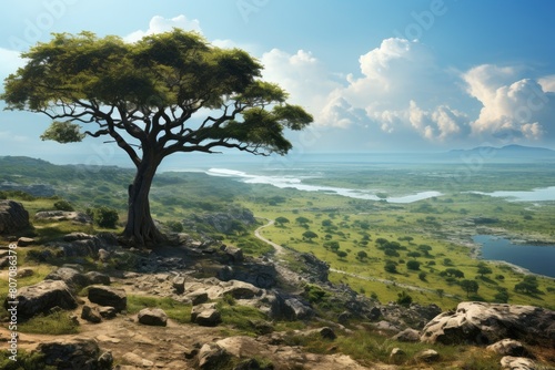 Somalia landscape. Majestic Lone Tree Overlooking Vast African Savannah Landscape.