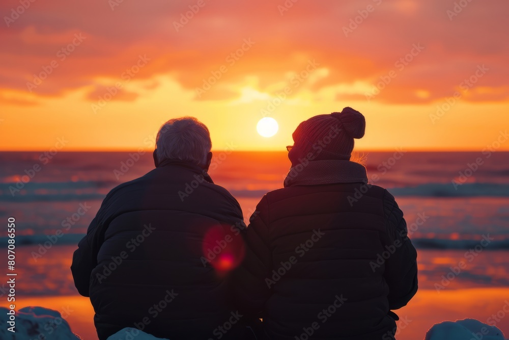 Close-up back view of lovely old married couple sitting and resting at seaside at sunset lights 