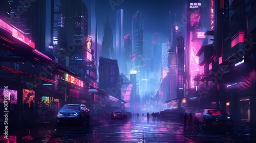 Night city panoramic view with neon lights and traffic on the road