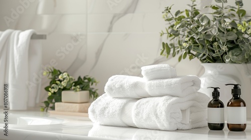 Elegant minimalist bathroom decor with natural accents, modern toiletries on marble countertop, soft towels, and potted eucalyptus