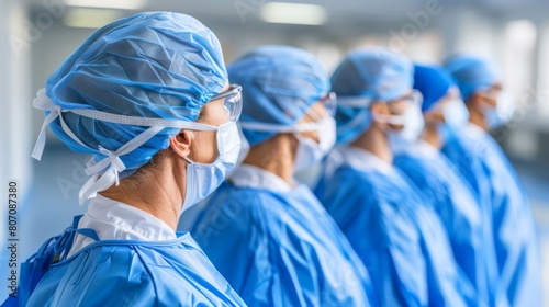  A team of surgeons in blue scrubs stands prepared in an operating room at the hospital