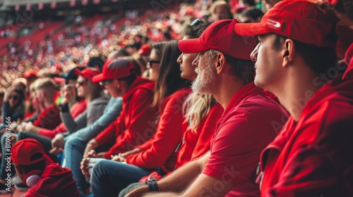 Group of fans dressed in red color watching a sports event