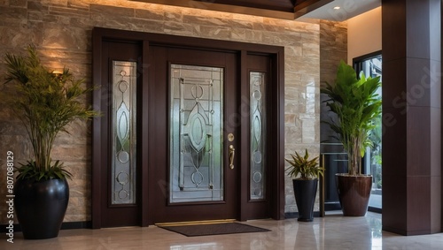 Step into elegance, a sleek automatic wooden entry door in rich brown hues, welcoming guests with warmth and sophistication.