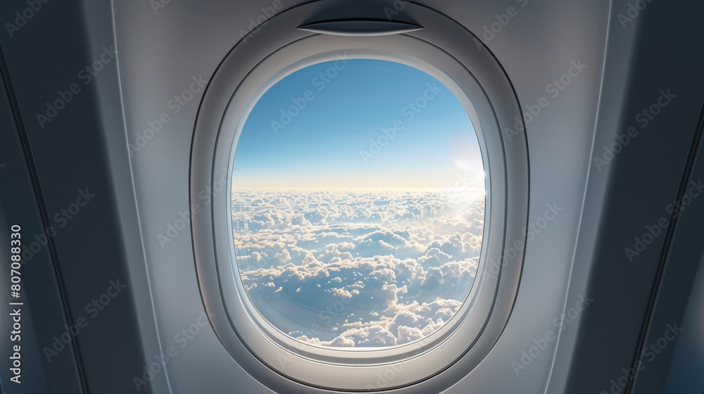 Beautiful view of sky and clouds through the aircraft window. Airplane window. Concept of travel and air transportation