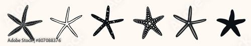 Set of isolated on white background black various starfish of different shapes and kinds. Silhouette, outline, for icons, icons, logo. Vector illustration EPS10 photo