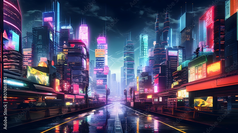 Night city panorama with highway and neon lights, 3d rendering