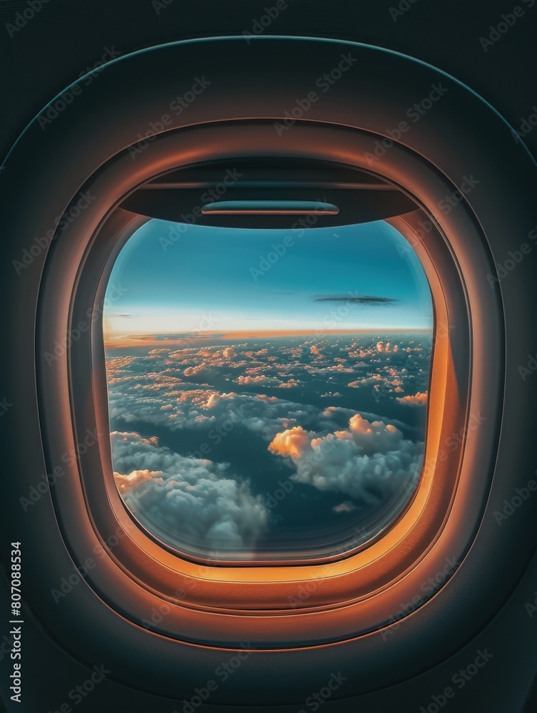 Beautiful view of sky and clouds through the aircraft window. Airplane window. Concept of travel and air transportation Beautiful view of sky and clouds through the aircraft window. Airplane window. Concept of travel and air transportation