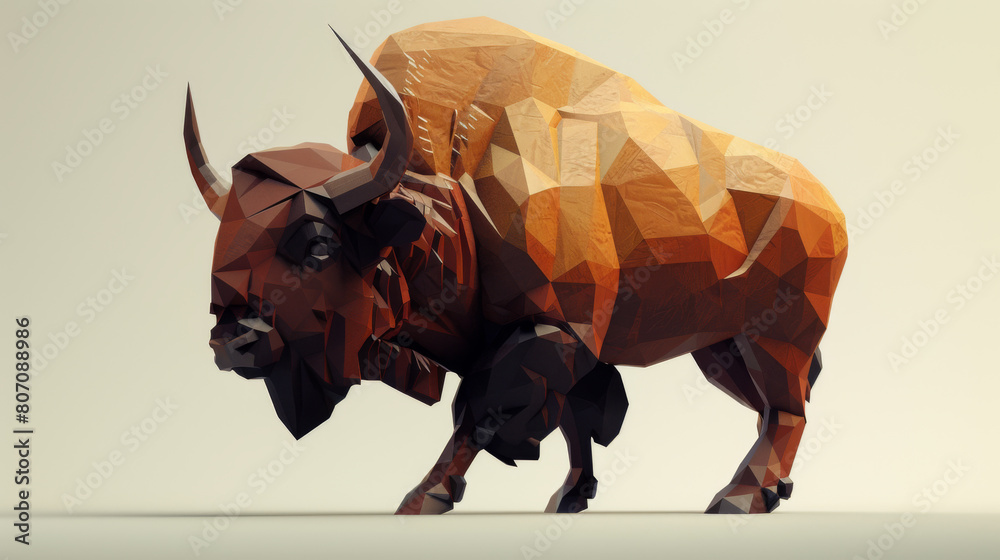 Modern geometric sculpture of a bison presented on a minimalist background, showcasing sharp angles and a dynamic pose. Modern geometric sculpture of a bison presented on a minimalist background, showcasing sharp angles and a dynamic pose.