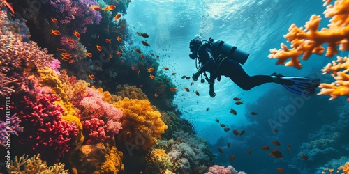 Scuba diver in wetsuit swims near colorful coral formations teeming with marine life in sunlit waters