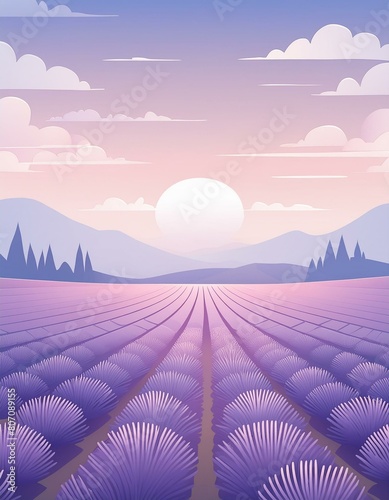 Lavender fields just as the sun rises  with rows of purple stretching into the horizon