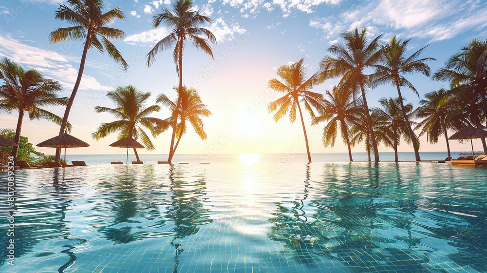 Beach vacation, luxury inifinite pool with palm trees.