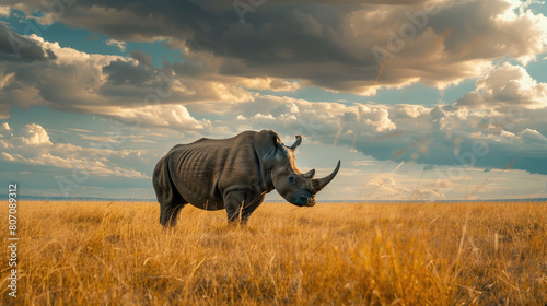 A rhinoceros standing in the savannah  surrounded by tall grass and blue sky with white clouds