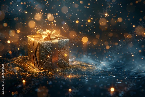 A mesmerizing golden gift box radiates a magical glow amidst swirling lights and a dark, sparkling backdrop photo