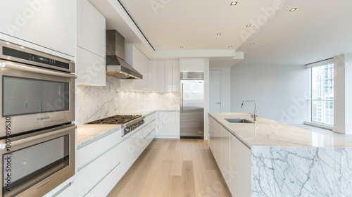 A minimalist kitchen with white cabinets, marble countertops, and stainless steel appliances, showcasing modern design and functionality.