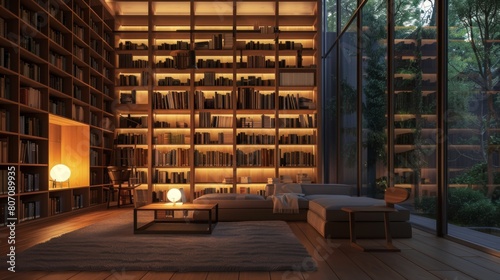 A minimalist library with floor-to-ceiling bookshelves, a cozy reading nook, and soft lighting, inspiring intellectual pursuits and relaxation.