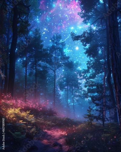 Mysterious Forest Clearing Under Starry Night Sky