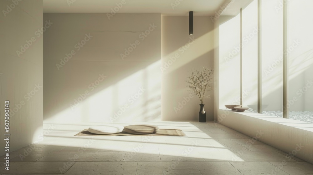 Fototapeta premium A minimalist meditation room with a cushioned floor, Zen decor, and soft music, providing a tranquil space for mindfulness and reflection.