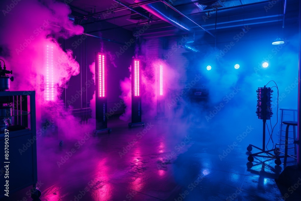 High-Tech Laboratory with Neon Lights and Smoke


