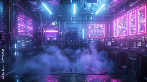 High-Tech Laboratory with Neon Lights and Smoke

 photo