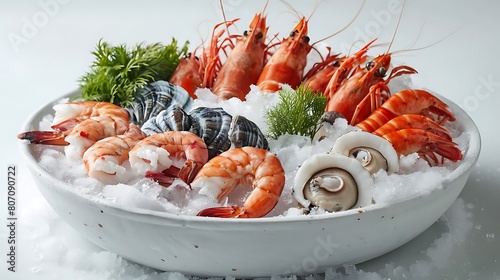 tantalizing display of fresh seafood on ice in a white bowl, accompanied by a vibrant orange carrot photo