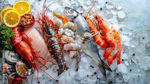 tantalizing display of fresh seafood on ice, featuring a variety of fish and lemons in a red bowl photo