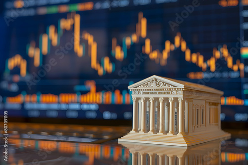 Bank model on the table with stock market background, financial institutions that control monetary and fiscal policy and interest rate, investing in bank sector on stock market photo