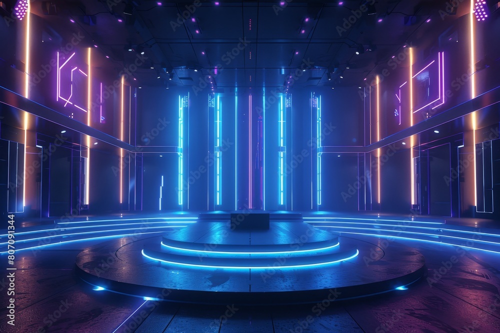 Virtual Reality Gaming Arena with 3D Neon Blue Podium
Virtual Reality Gaming Arena with 3D Neon Blue Podium
