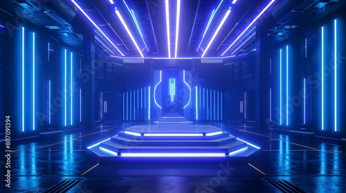 Virtual Reality Gaming Arena with 3D Neon Blue Podium  