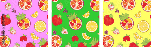 Vector set of bright citrus pattern. Abstract summer background with tropical  fruits  lemon  orange  and berries for clothing   fabric  textile  paper  notepad  packaging  school notebook.