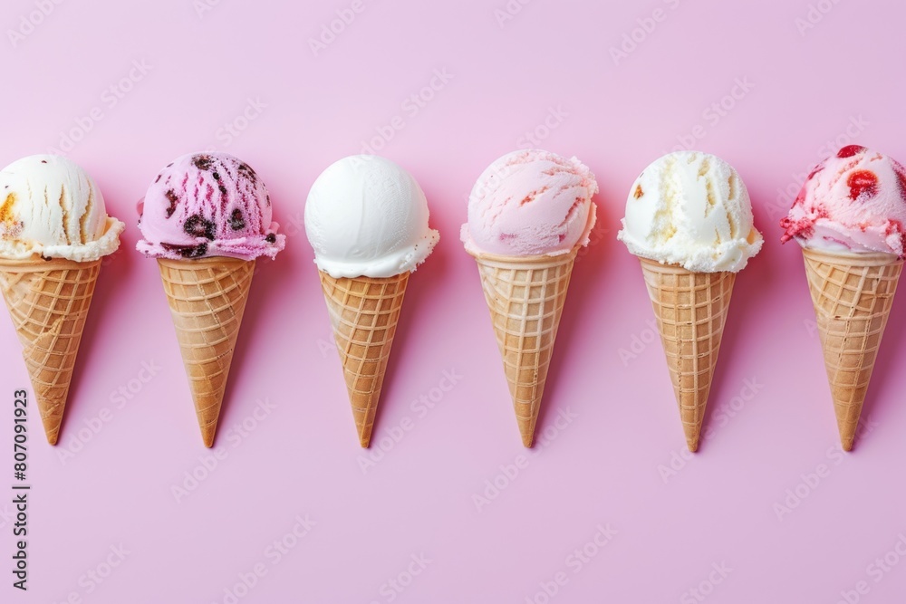 Various ice cream cones on pink background Various ice cream cones on pink background