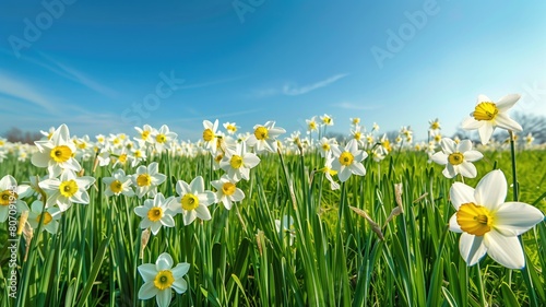 Field of blooming narcissus under blue sky