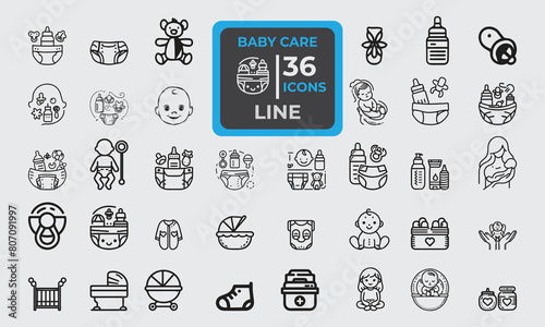 Set of 36 line icons related to Baby Care, child care, international children day, kid rights, parenthood. Outline icon collection. Editable stroke. Vector illustration