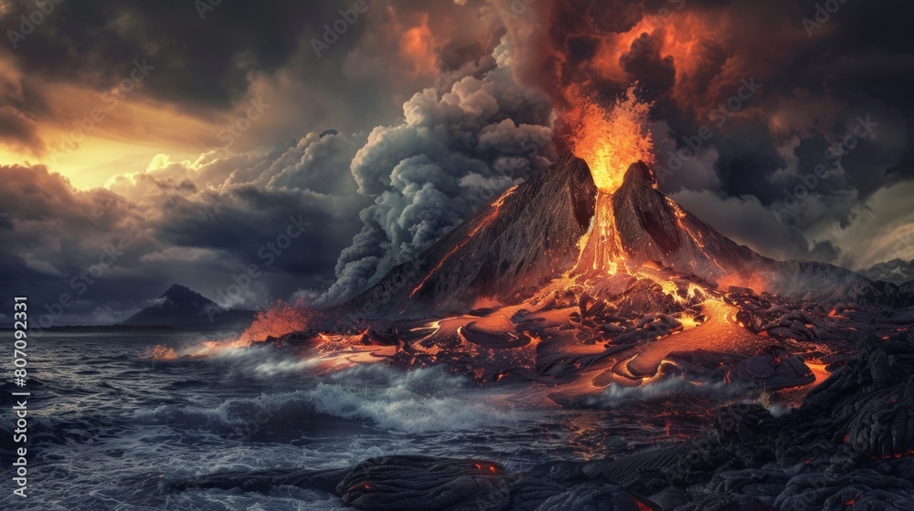 Captivating scene of a volcanic eruption with molten lava flowing into the sea under a dramatic sunset sky, creating an intense natural spectacle.