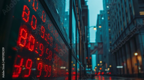 Screen display numbers stock market data outside of Wall Street at night rainy day