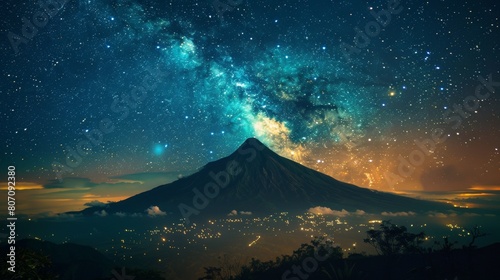 Stunning scene of the galactic core shining brightly above a majestic volcano, with twinkling lights from a village on the twilight horizon.