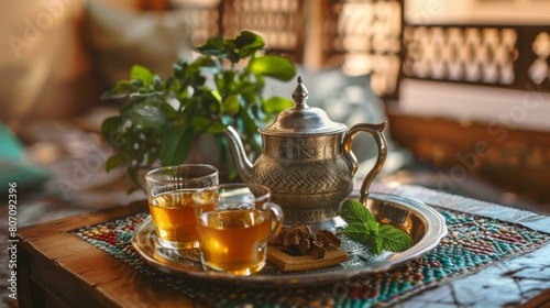 A Moroccan mint tea ceremony with a traditional teapot and glasses, symbolizing hospitality and friendship in Arab culture.