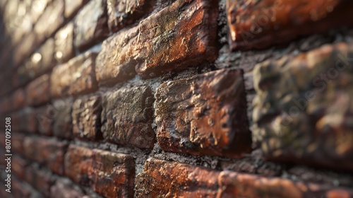 Close-up view capturing the detailed texture and moisture of an old brick wall, emphasizing its rough and weathered surface.