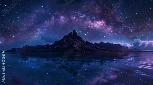 Spectacular view of the Milky Way galaxy illuminating the night sky above a rugged mountain landscape and tranquil lakeside.