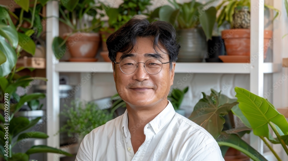 A man in glasses smiles before a shelf brimming with houseplants and potted plants A man in glasses smiles before a shelf brimming with houseplants and potted plants