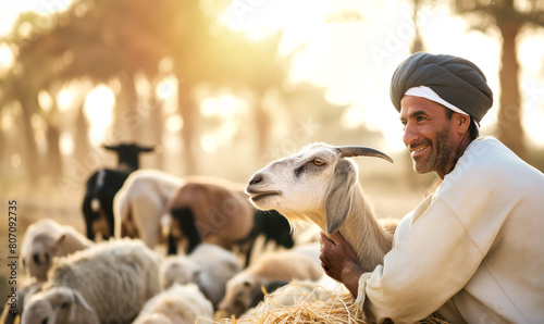 Arab man with his flock of sheep and goats for Eid al Adha mubarak, important Muslim festival celebration with the sacrifice of a lamb