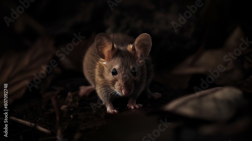 House mouse mus musculus in the dark place surrouded by dry leaves dirt