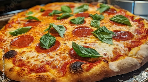 A mouthwatering pizza topped with melted cheese, pepperoni, and fresh basil leaves, served piping hot straight from the oven.