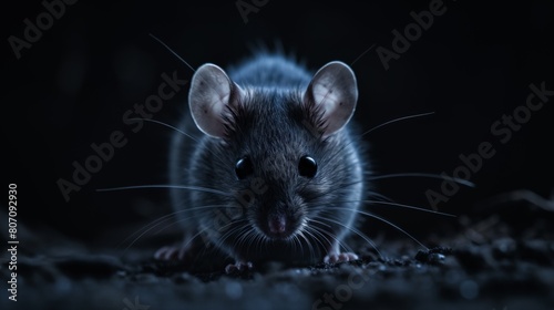 House mouse mus musculus close up in the dark place on dirty ground photo